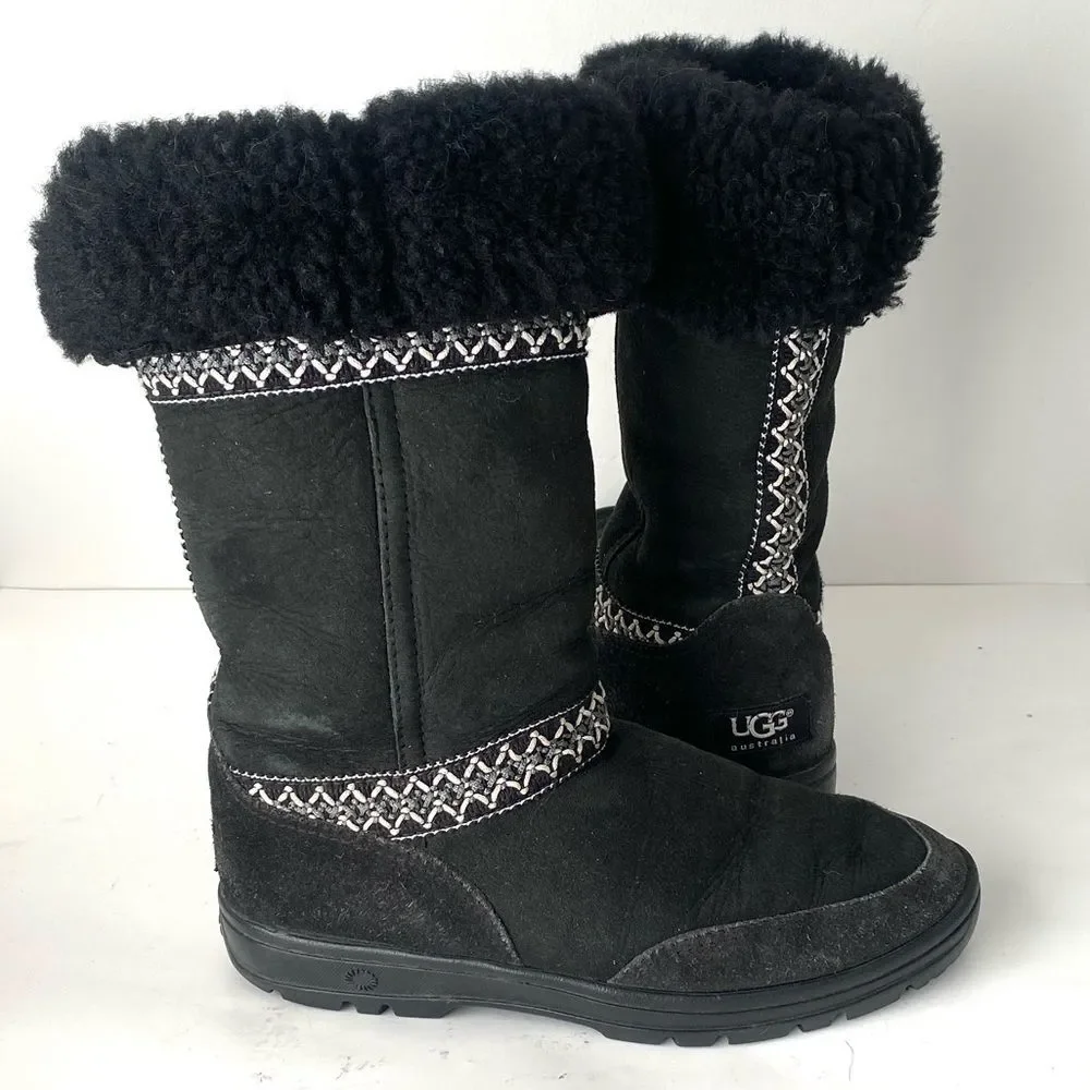 WOMEN'S UGG SUNDANCE REVIVAL BRAID BLACK TALL BOOT Sz 6 Boho Western Winter